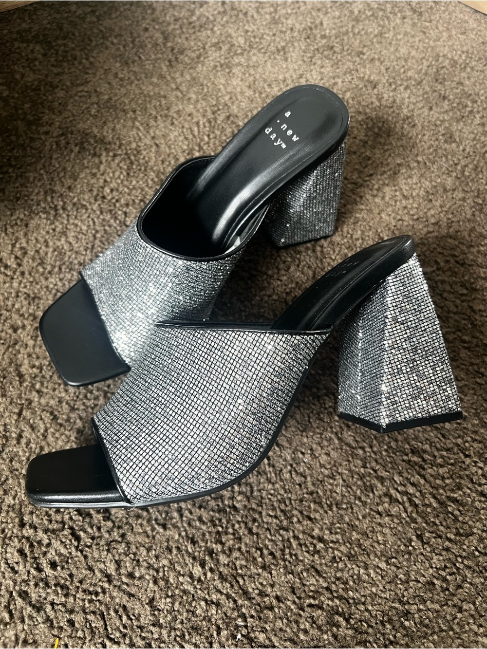 a new day Silver Rhinestone Block Heel Mules